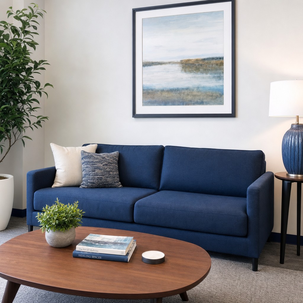 A calm waiting room with a navy sofa